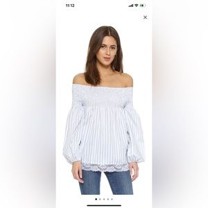 MLM Made For You Womens XS White Blue Stripe Off Shoulder Balloon Sleeve Blouse